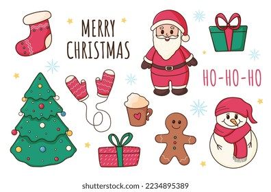 Christmas, new year set of elements, cartoon style, christmas tree, santa, sock, gingerbread, gift, snowflakes, snowman, cocoa mug, mittens, vector illustration