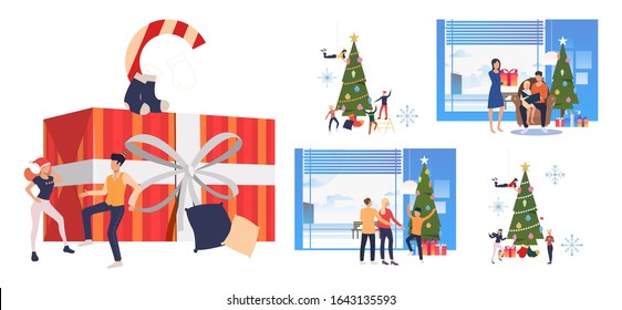 Christmas and New Year set. Families and friends celebrating at Xmas tree. Flat vector illustrations. Holiday, party concept for banner, website design or landing web page