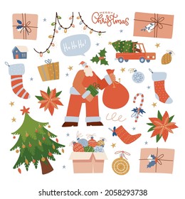 Christmas and New Year set of festive elements and Santa Claus character on a white background. Vector flat hand drawn illustration