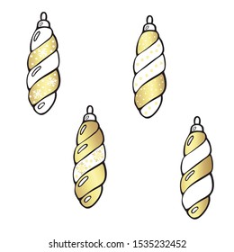 Christmas, New Year. Set of four Christmas tree decorations. Cartoon vector isolated illustration. Hand drawing in traditional festive colors.