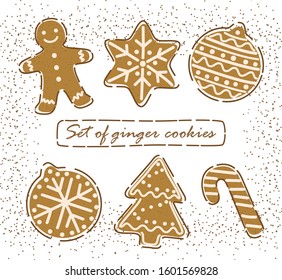 Christmas and New year set of gingerbread cookies on white background. Vector illustration.