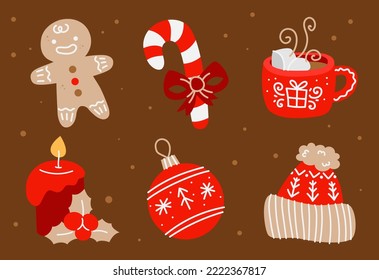 Christmas and New Year set with gingerbread man, candle, Christmas decorations, cocoa and other decor elements. Design for prints, postcards, posters. Vector illustration.