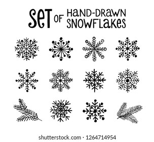 Christmas And New Year Set Of Hand Drawn Snowflake Icons. Happy Winter Holiday Doodle Elements.