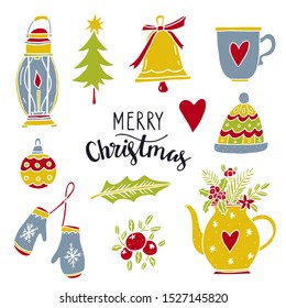 Christmas, New Year set. Hand drawn icons isolated on white background. Tree, ball, lamp, bell, tea cup, teapot,  mittens, hat,  berries, leaf. Handwriting font. Design elements, clip art