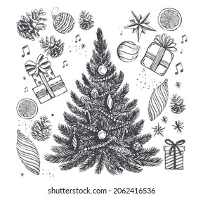 Christmas and New Year set, Hand drawn illustration. Vector.	