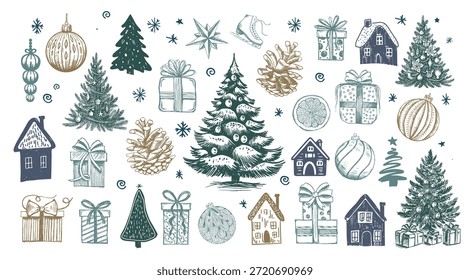 Conjunto de Navidades y año Nuevo, ilustración dibujada a mano.	