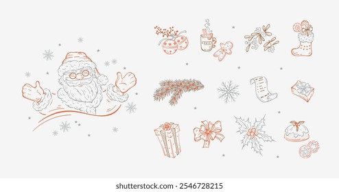 Christmas and New Year Set. Happy Santa Claus and Christmas Decorations, Gifts, Treats. Hand Drawn Outline Design Elements. Vector illustration