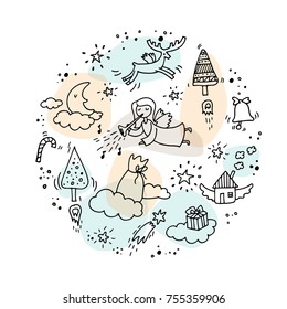 Christmas and new year set with holiday symbols: Christmas tree, sweets, stars, angel with a trumpet, reindeer, sack of presents. For postcards, web shops, invitations, posters and magazines