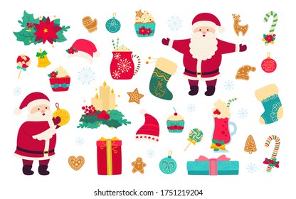 Christmas and New Year set. Holly, cupcake, cup, hat, santa and cookies gift, lollipop candle, mistletoe. Flat cartoon design. New year, christmas objects collection. Isolated vector illustration