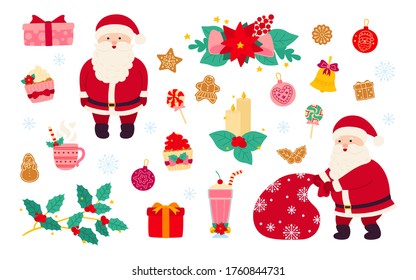 Christmas and New Year set. Holly, cupcake, bell, hat, santa and cookies gift, lollipop candle, mistletoe. Flat cartoon design elements. New year objects collection. Isolated vector illustration