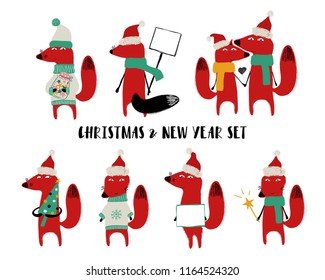 Christmas and New Year set of icons with cute red fox. Perfect for greeting cards, invitations or posters.