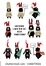 Christmas and New Year set of icons with funny black rabbit. Perfect for greeting cards or posters.