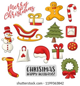Christmas and New year set of icons and objects. Hand drawn doodle cartoon style modern winter holidays design concept. Vector illustration.
