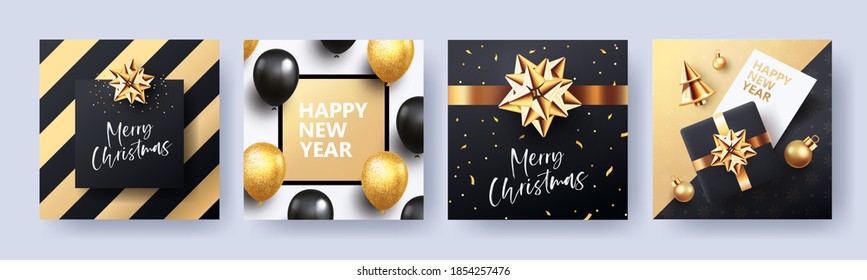 Christmas and New Year Set of invitations, greeting cards, posters, holiday covers. Xmas modern design in black, gold colors with 3d realistic traditional decor elements for web, social media, print