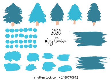 Christmas, New Year set of isolated elements, Christmas trees, snowballs, snowflakes, scribbled backgrounds, brush strokes. New Year and Christmas scene creation, for winter holidays illustrations. 
