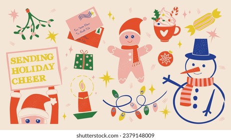 Christmas and New Year set in linocut style is ideal for scrapbooking, greeting cards, posters, tags, and a sticker kit.