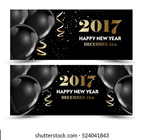 Christmas, New Year Set of luxury Christmas, New Year banner templates with black hot air balloons. Vector Illustration