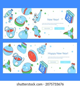 Christmas and New Year - set of modern isometric horizontal banners. Calendar, gingerbread man, clock, fir tree. Party decorations with champagne, hot drinks, presents, mistletoe, sweets. Winter idea