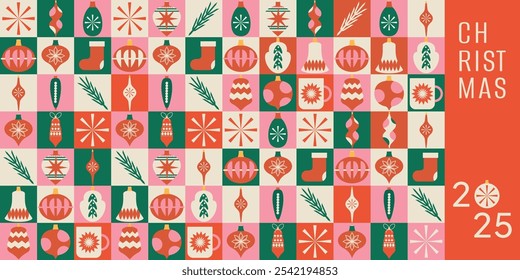 Christmas and New Year. Set of modern trend banners. Simple pattern. Flat. Xmas covers. Backgrounds. Vintage style.  Squares. Mosaic. Neo geometric. Wrapping paper. Hand drawn. Doodle. Elements, shape