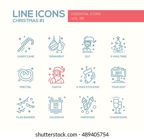 Christmas and New Year - set of modern vector simple line design icons and pictograms. Santa, ornament, elf, x-mas tree, candy cane, stocking, year 2017, flag banner, calendar, firework, champagne