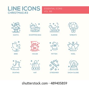 Christmas and New Year - set of modern vector simple line design icons and pictograms. Santa, shopping bag, sledge, wreath, house, bird, mitten. noel, skating, streamer, hat snow globe