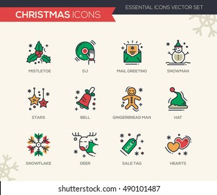 Christmas and New Year - set of modern vector line design icons and pictograms. Mistletoe, dj, mail greeting, snowman, stars, bell, gingerbread man, hat, snowflake, deer, sale tag hearts