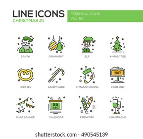 Christmas and New Year - set of modern vector line design icons and pictograms. Santa, ornament, elf, x-mas tree, pretzel, candy cane, stocking, year 2017, flag banner, calendar, firework, champagne