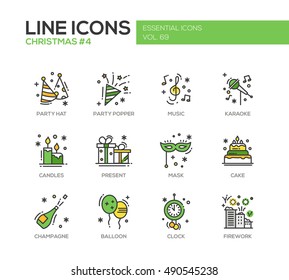 Christmas and New Year - set of modern vector line design icons and pictograms. Party hat, party popper, music, karaoke, candles, present, mask, cake, champagne, balloon, clock firework