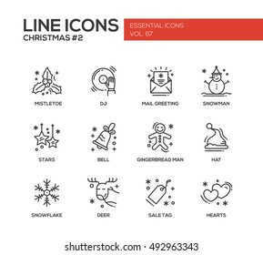 Christmas and New Year - set of modern vector simple line design icons and pictograms. Mistletoe, dj, mail greeting, snowman, stars, bell, gingerbread man, hat, snowflake, deer, sale tag hearts