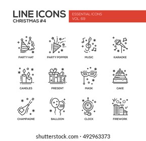 Christmas and New Year - set of modern vector line design icons and pictograms. Party hat, party popper, music, karaoke, candles, present, mask, cake, champagne, balloon, clock firework