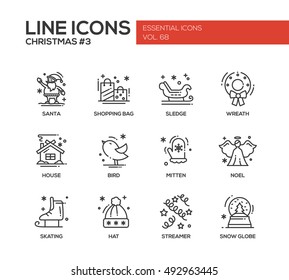 Christmas and New Year - set of modern vector simple line design icons and pictograms. Santa, shopping bag, sledge, wreath, house, bird, mitten. noel, skating, streamer, hat snow globe