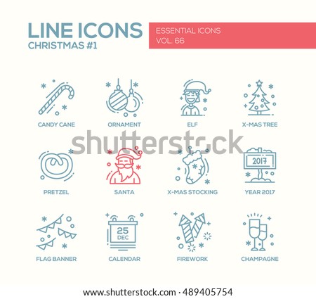 Christmas and New Year - set of modern vector simple line design icons and pictograms. Santa, ornament, elf, x-mas tree, candy cane, stocking, year 2017, flag banner, calendar, firework, champagne