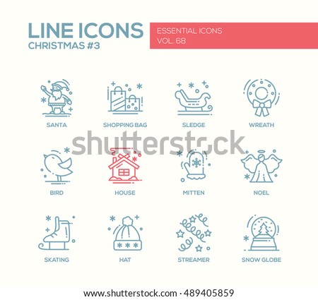 Christmas and New Year - set of modern vector simple line design icons and pictograms. Santa, shopping bag, sledge, wreath, house, bird, mitten. noel, skating, streamer, hat snow globe