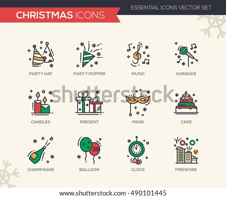 Christmas and New Year - set of modern vector line design icons and pictograms. Party hat, party popper, music, karaoke, candles, present, mask, cake, champagne, balloon, clock firework