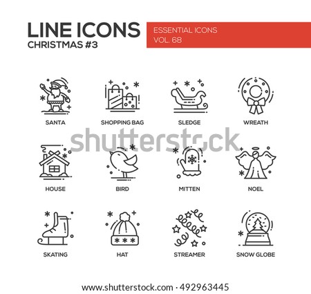 Christmas and New Year - set of modern vector simple line design icons and pictograms. Santa, shopping bag, sledge, wreath, house, bird, mitten. noel, skating, streamer, hat snow globe