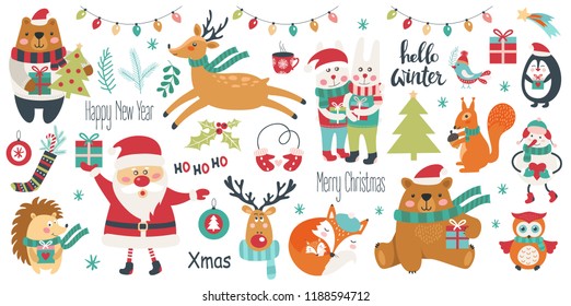 Christmas and New Year set on a white background. Vector illustration