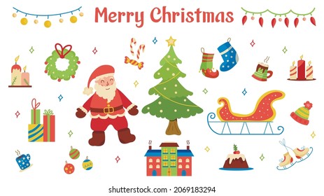 Christmas and New Year set on a white background. Collection of flat vector illustrations with santa claus, christmas tree, present, candles, candies, skates, christmas socks, cocoa, cake, sleigh.