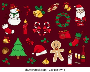 Christmas and New Year set on dark red background. Christmas tree, Santa Claus, snowman, decorations. Vector flat illustration