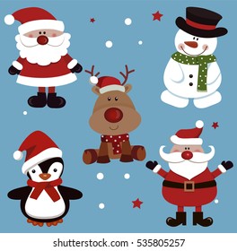 Christmas and New Year set with penguin, reindeer, snowman and Santa Claus. Vector illustration.