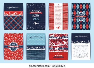 Christmas and New Year Set. Plaid and knitted backgrounds. Vector Design Templates Collection for Banners, Flyers, Placards, Posters and other use. 