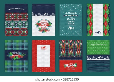 Christmas and New Year Set. Plaid and knitted backgrounds. Vector Design Templates Collection for Banners, Flyers, Placards, Posters and other use.