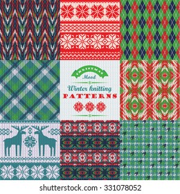 Christmas and New Year Set. Plaid and knitted seamless backgrounds. Vector Design Templates Collection for Banners, Flyers, Placards, Posters and other use.