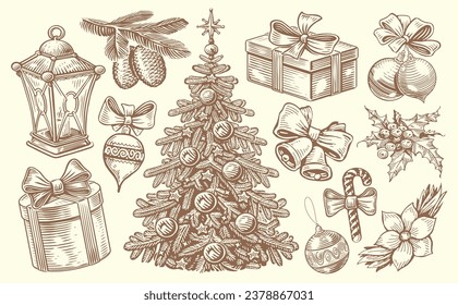 Christmas, New Year set of retro objects in sketch style. Vintage hand drawn winter holiday concept vector illustration