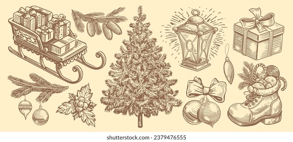 Christmas, New Year set of retro objects in sketch style. Happy holidays concept. Vintage hand drawn vector illustration