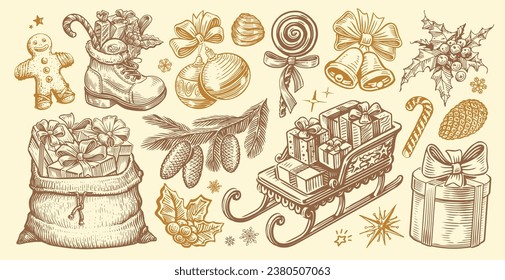 Christmas, New Year set of retro objects. Happy holidays concept in sketch style. Vintage hand drawn vector illustration