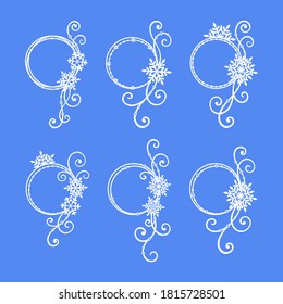 Christmas and New Year set of round frames with snowflakes and swirls. Vector silhouette, design template for holiday greeting card, invitation, banner, festive decoration, laser and plotter cutting