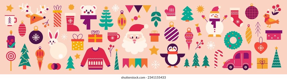 Christmas and New Year set. Santa, gifts, Christmas tree, deer and festive elements. Vector trend illustration.
