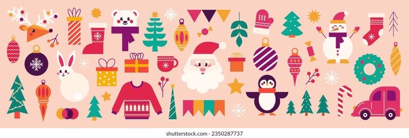 Christmas and New Year set. Santa, gifts, Christmas tree, deer and festive elements. Vector modern illustration.