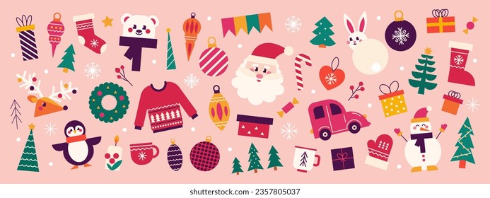 Fiesta de Navidad y Año Nuevo. Santa, regalos, árbol de Navidad, ciervos y elementos festivos. Ilustración de tendencia de vectores.