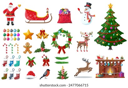 Christmas new year set. Santa claus, snowman, tree, reindeer, stockings, balls, holly sleigh fireplace toys gifts. Christmas greetings. New year xmas celebration. Vector illustration flat style